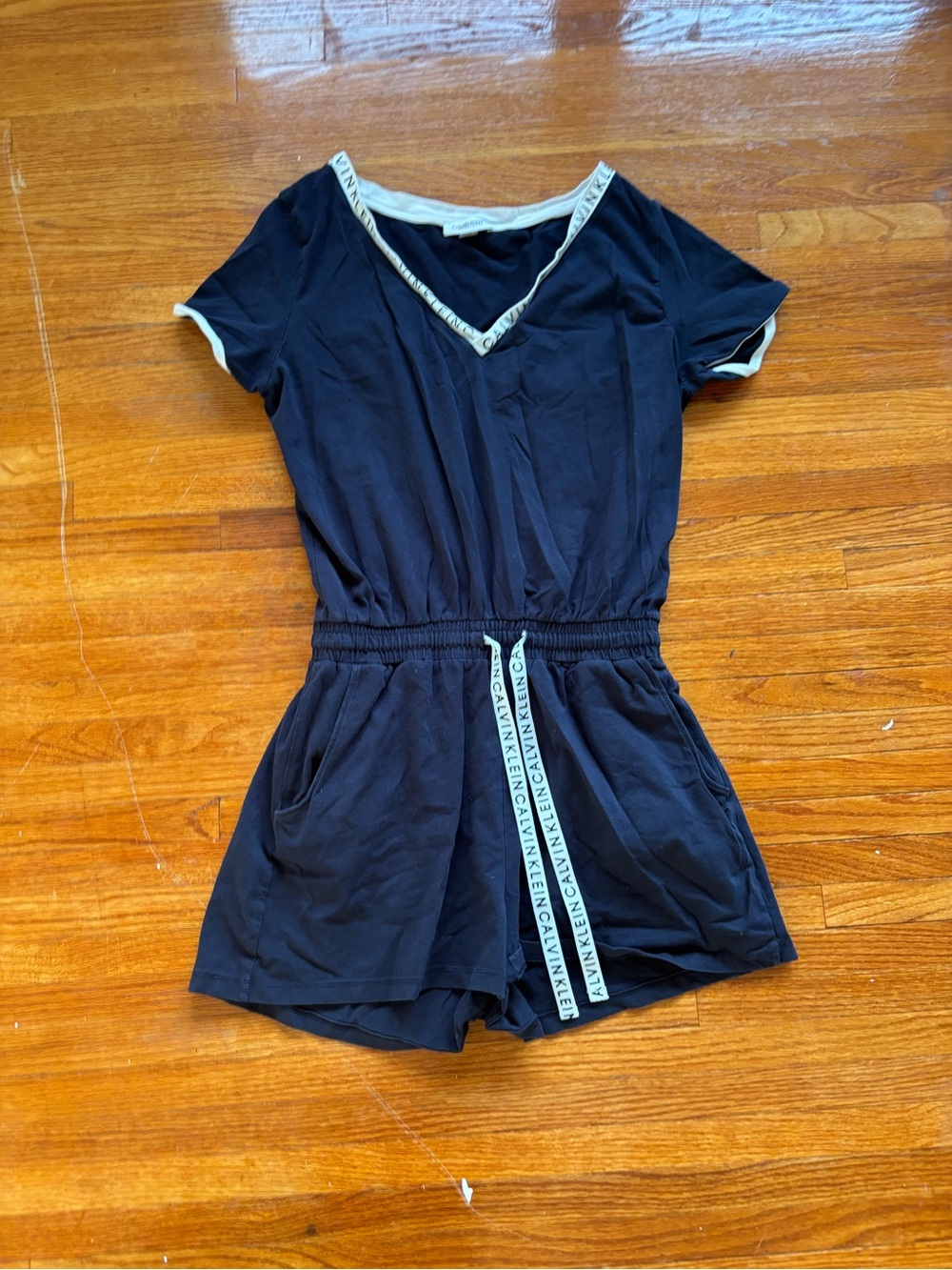 Calvin Klein Navy Short Sleeve Logo-Trim One-Piece Romper